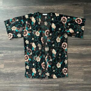 Glance Floral Embroidered Mesh Cardigan Black Open-Front Short Sleeve Size Large